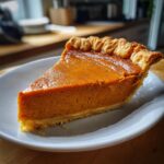 A perfect slice of homemade pumpkin pie with a flaky crust, ready to be enjoyed.
