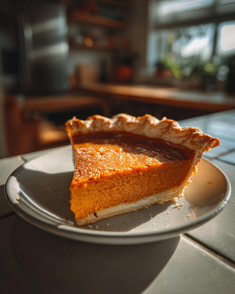 A close-up of a slice of homemade pumpkin pie on a gray plate, with a golden crust and smooth filling.