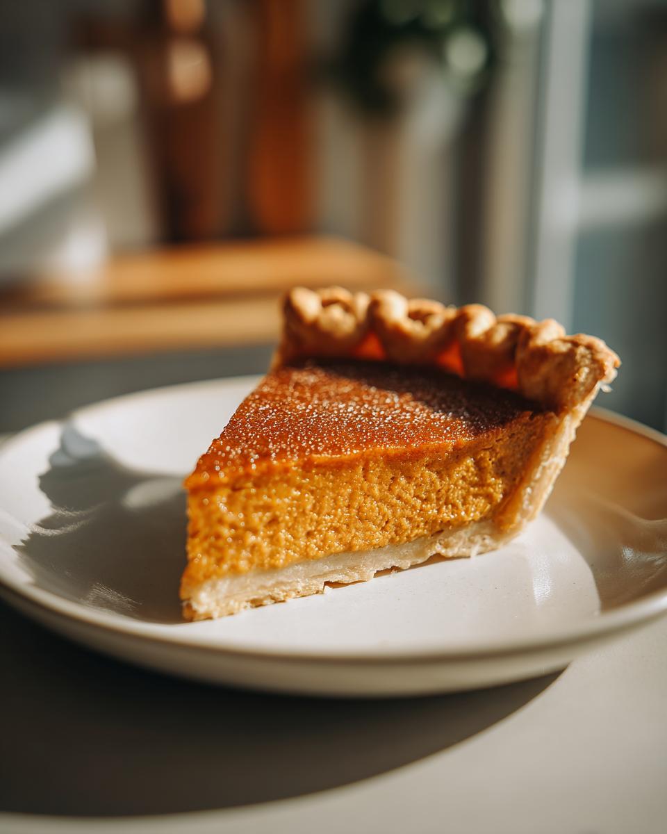 A perfect slice of homemade pumpkin pie with a flaky crust, served on a white plate.