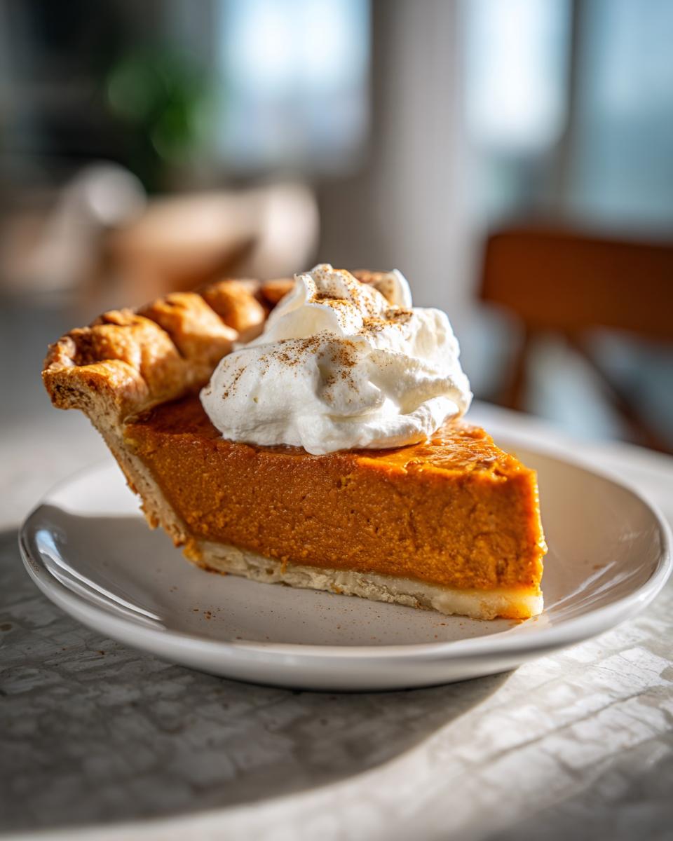 A perfect slice of pumpkin pie topped with whipped cream and a sprinkle of cinnamon.