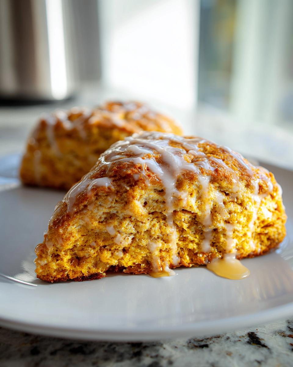 Close-up of two tender pumpkin scones drizzled with a sweet glaze on a white plate.