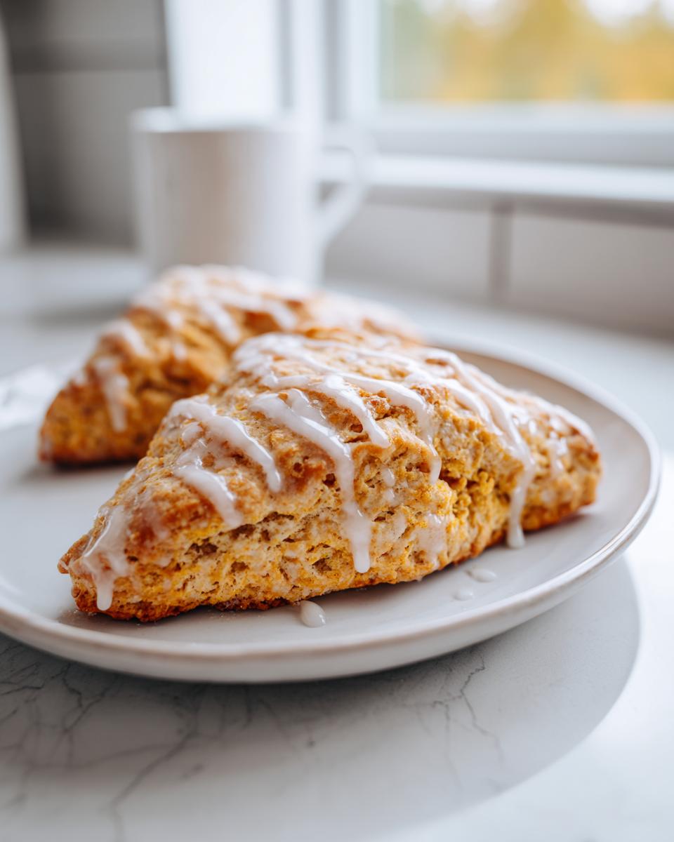 Two tender pumpkin scones drizzled with a white glaze, served on a plate with a mug in the background.