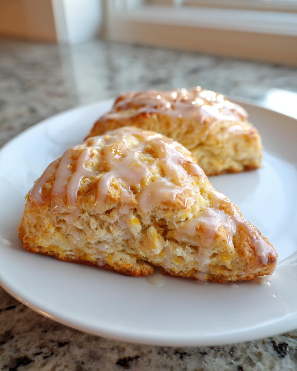 Close-up of two tender pumpkin scones drizzled with a sweet glaze on a white plate.