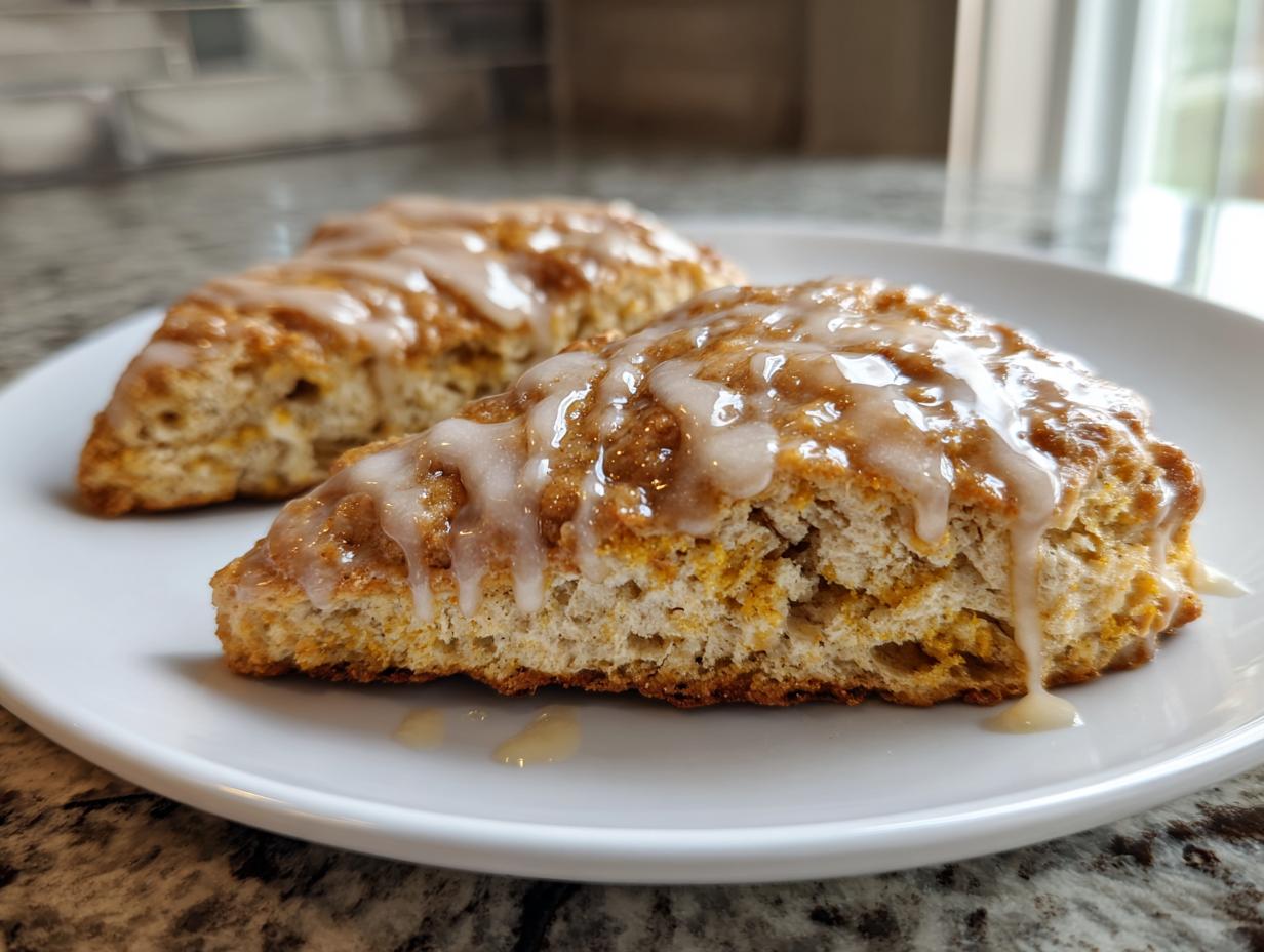 Close-up of two tender pumpkin scones drizzled with a sweet white glaze on a white plate.