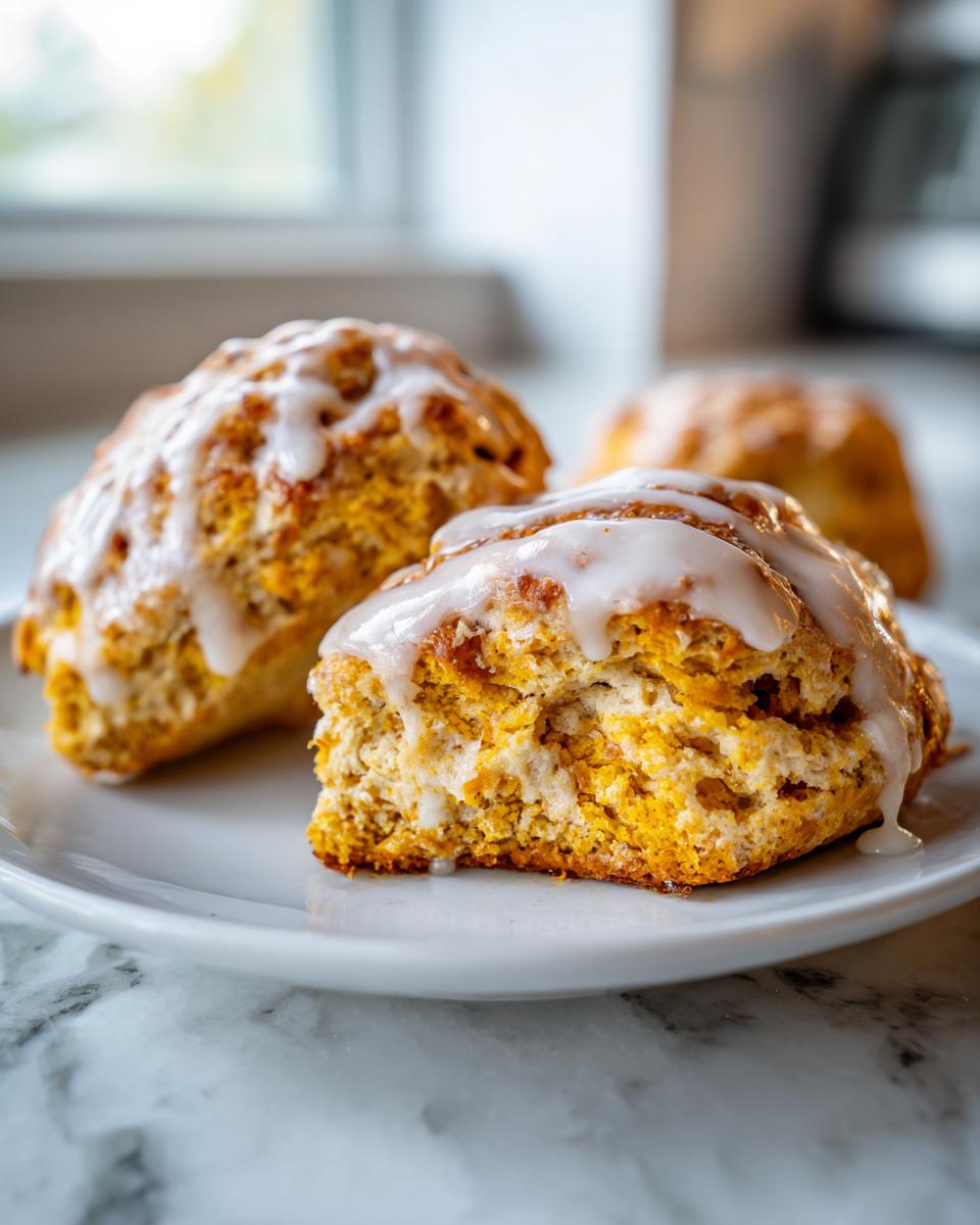 Close-up of three tender pumpkin scones drizzled with white glaze on a white plate.