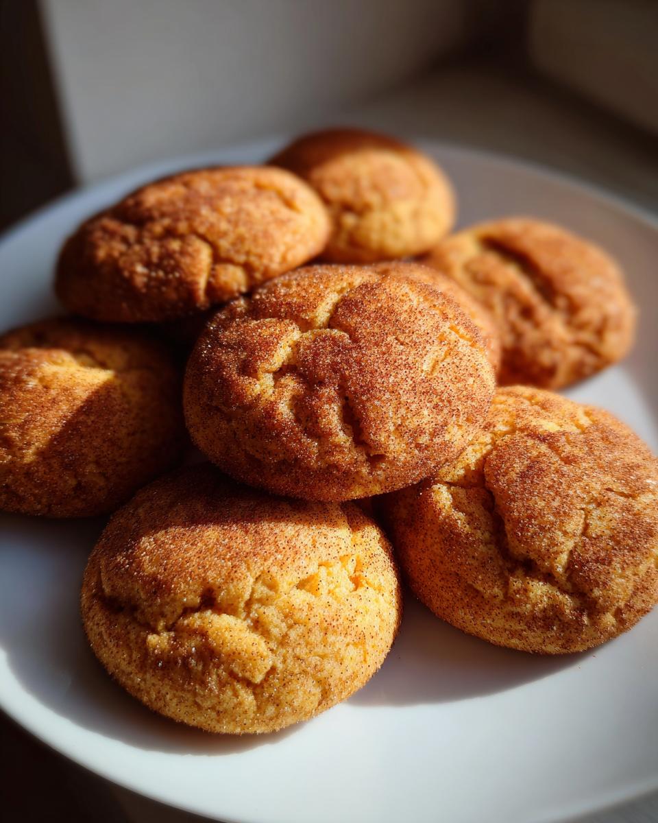 A pile of freshly baked pumpkin snickerdoodle cookies dusted with cinnamon sugar.