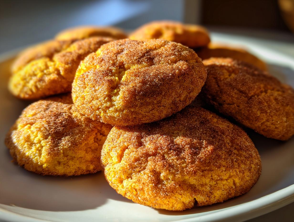 A pile of freshly baked pumpkin snickerdoodle cookies, coated in cinnamon sugar.