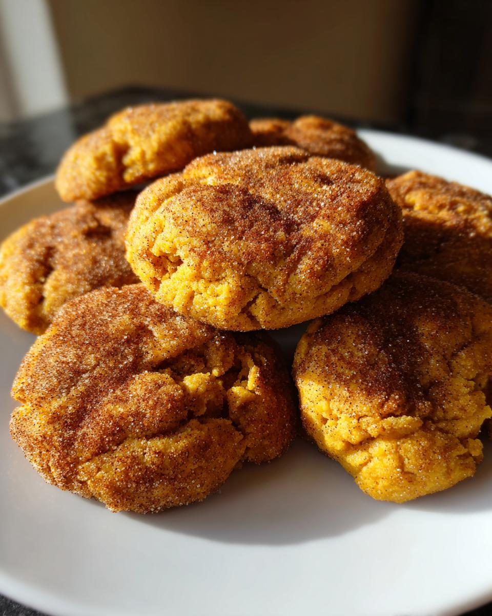 A pile of freshly baked pumpkin snickerdoodle cookies coated in cinnamon sugar.