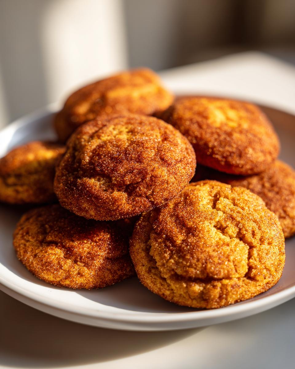 A close-up shot of a pile of freshly baked pumpkin snickerdoodle cookies, coated in cinnamon sugar.
