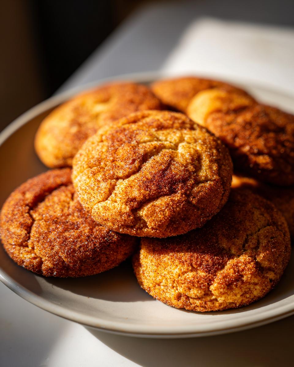 A close-up of a stack of freshly baked pumpkin snickerdoodle cookies coated in cinnamon sugar.