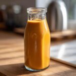 A glass bottle filled with homemade pumpkin spice coffee creamer, ready to be added to coffee.