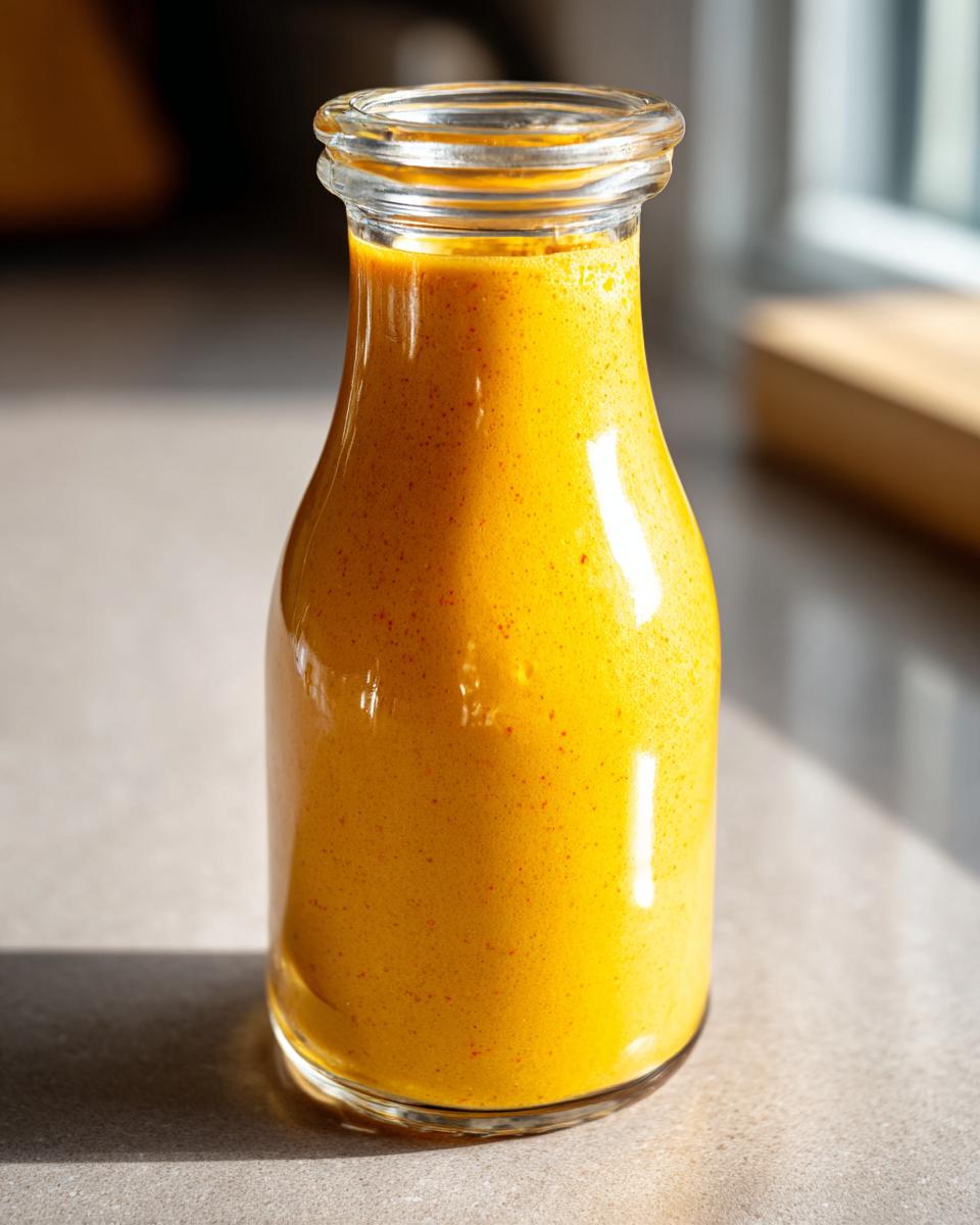 A glass bottle filled with creamy, bright orange pumpkin spice coffee creamer, with visible spice flecks.
