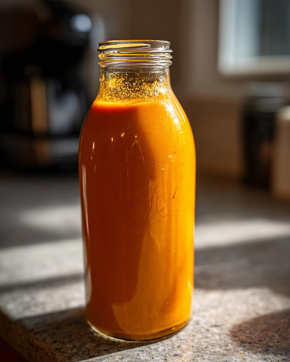 A glass bottle filled with homemade pumpkin spice coffee creamer, ready to be used.