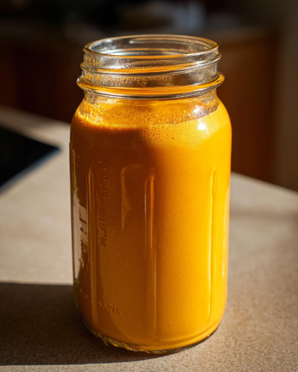 A mason jar filled with vibrant orange pumpkin spice coffee creamer, ready to be used.