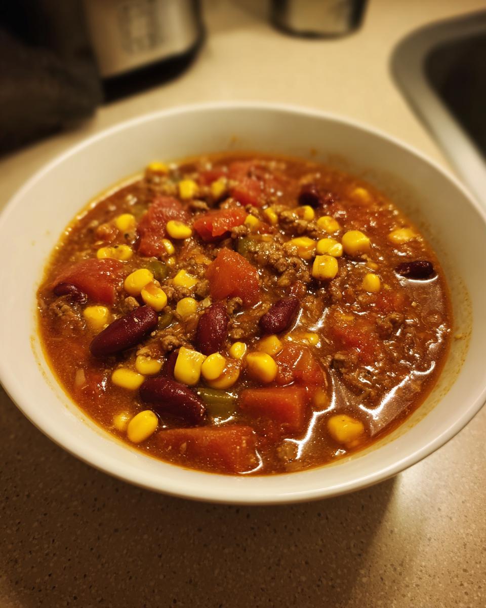 A close-up of a white bowl filled with hearty ranch taco soup, featuring ground beef, beans, corn, and tomatoes.