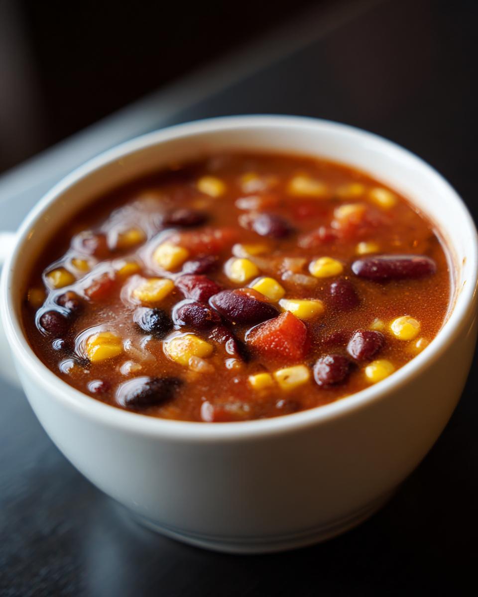 Close-up of a white bowl filled with delicious ranch taco soup, featuring kidney beans, corn, and tomatoes.