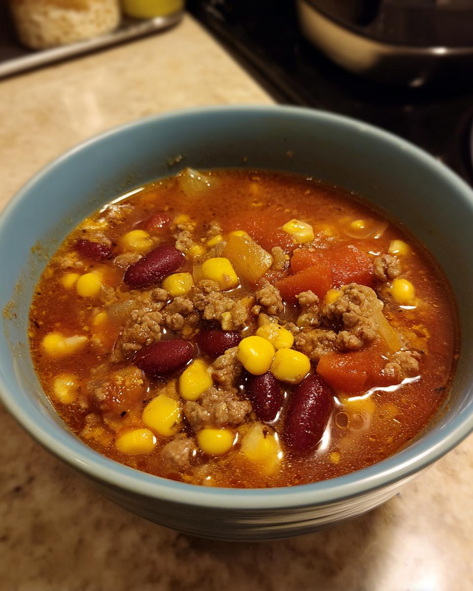 A close-up of a blue bowl filled with hearty ranch taco soup, featuring ground beef, kidney beans, corn, and tomatoes.