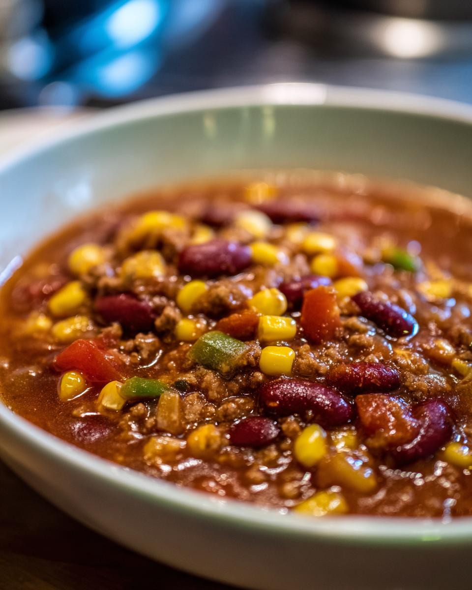 A close-up of a bowl of ranch taco soup, filled with ground beef, kidney beans, corn, and diced tomatoes.