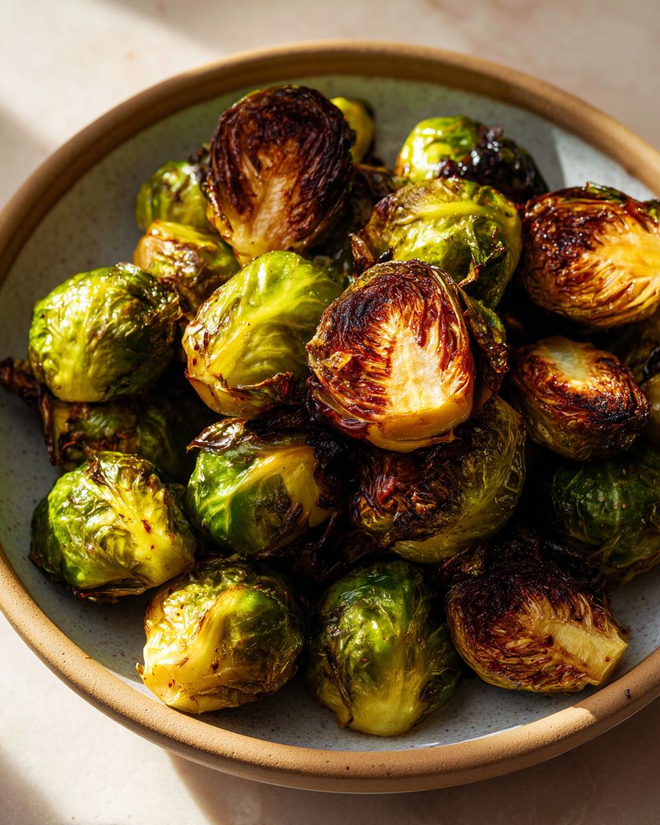A close-up shot of perfectly roasted Brussels sprouts in a bowl, showcasing their caramelized edges and vibrant green leaves.