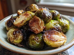 A close-up of a bowl filled with delicious, caramelized roasted Brussels sprouts.