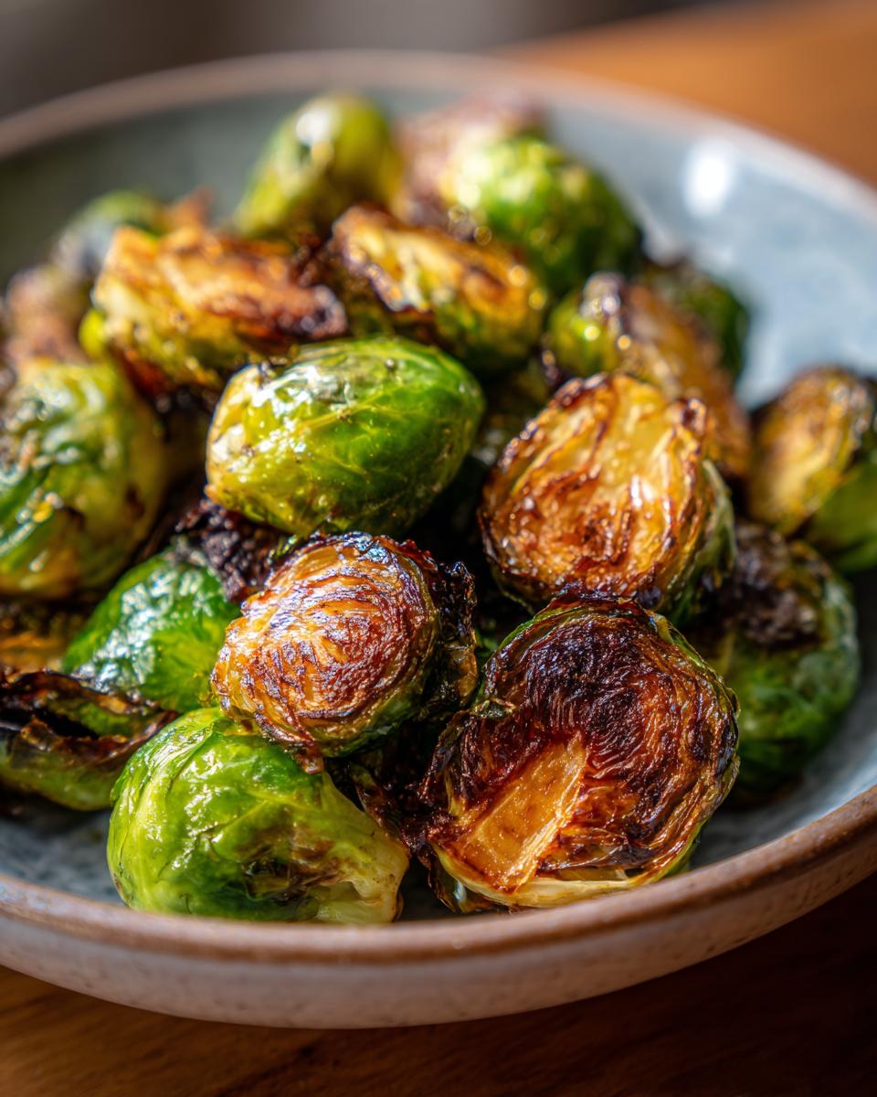 Close-up of perfectly roasted Brussels sprouts, showing crispy edges and tender centers.