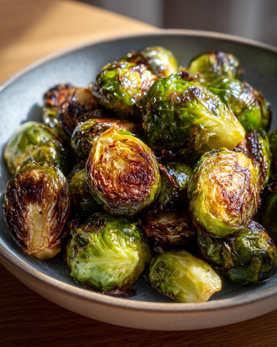 Close-up of a bowl filled with perfectly roasted Brussels sprouts, showcasing their crispy edges and vibrant green color.