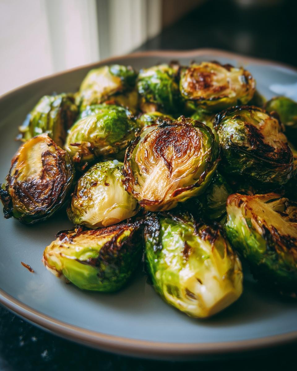 Close-up of a plate filled with delicious roasted Brussels sprouts, showing their caramelized edges and vibrant green color.