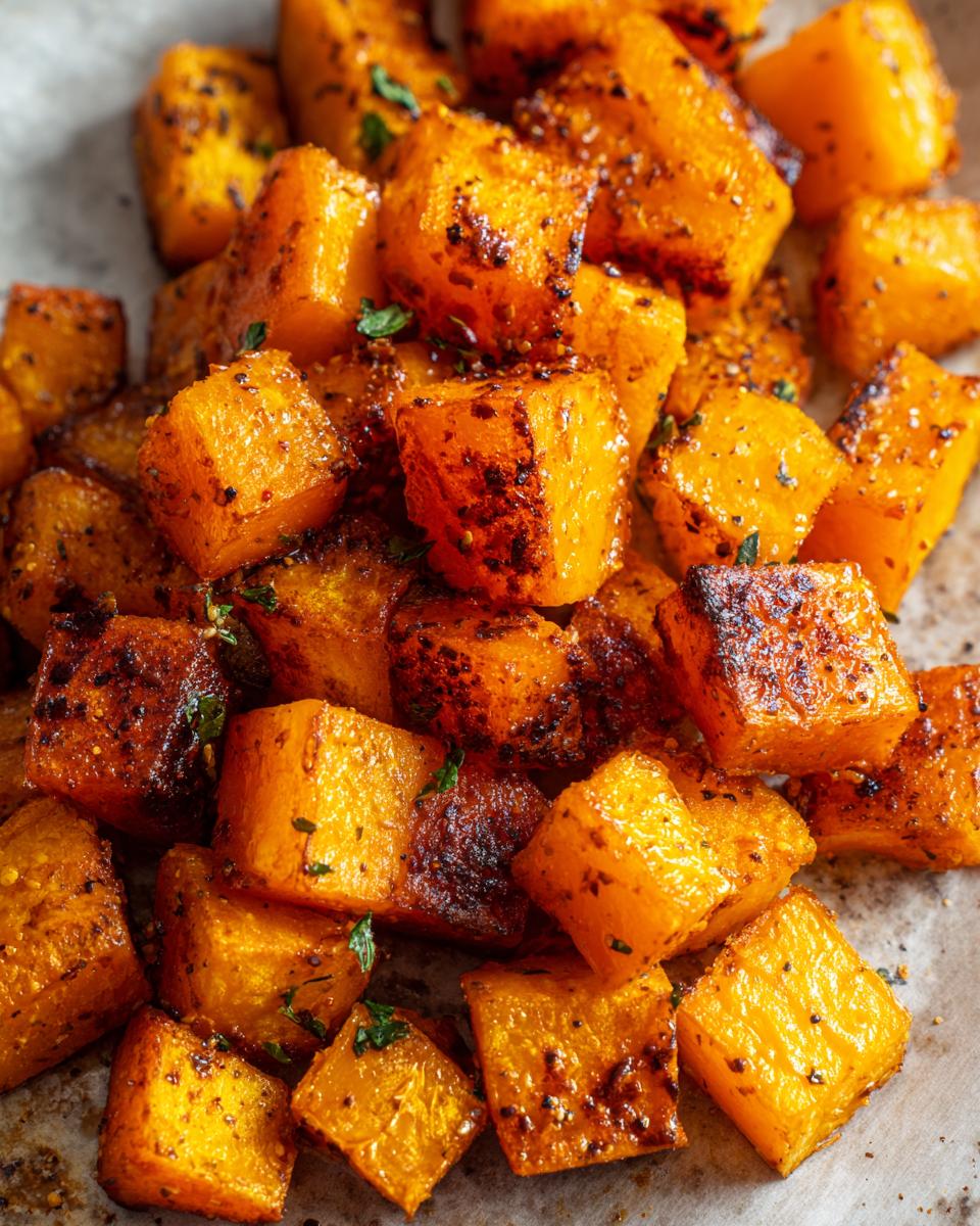 Close-up of perfectly roasted butternut squash cubes, seasoned and slightly caramelized.