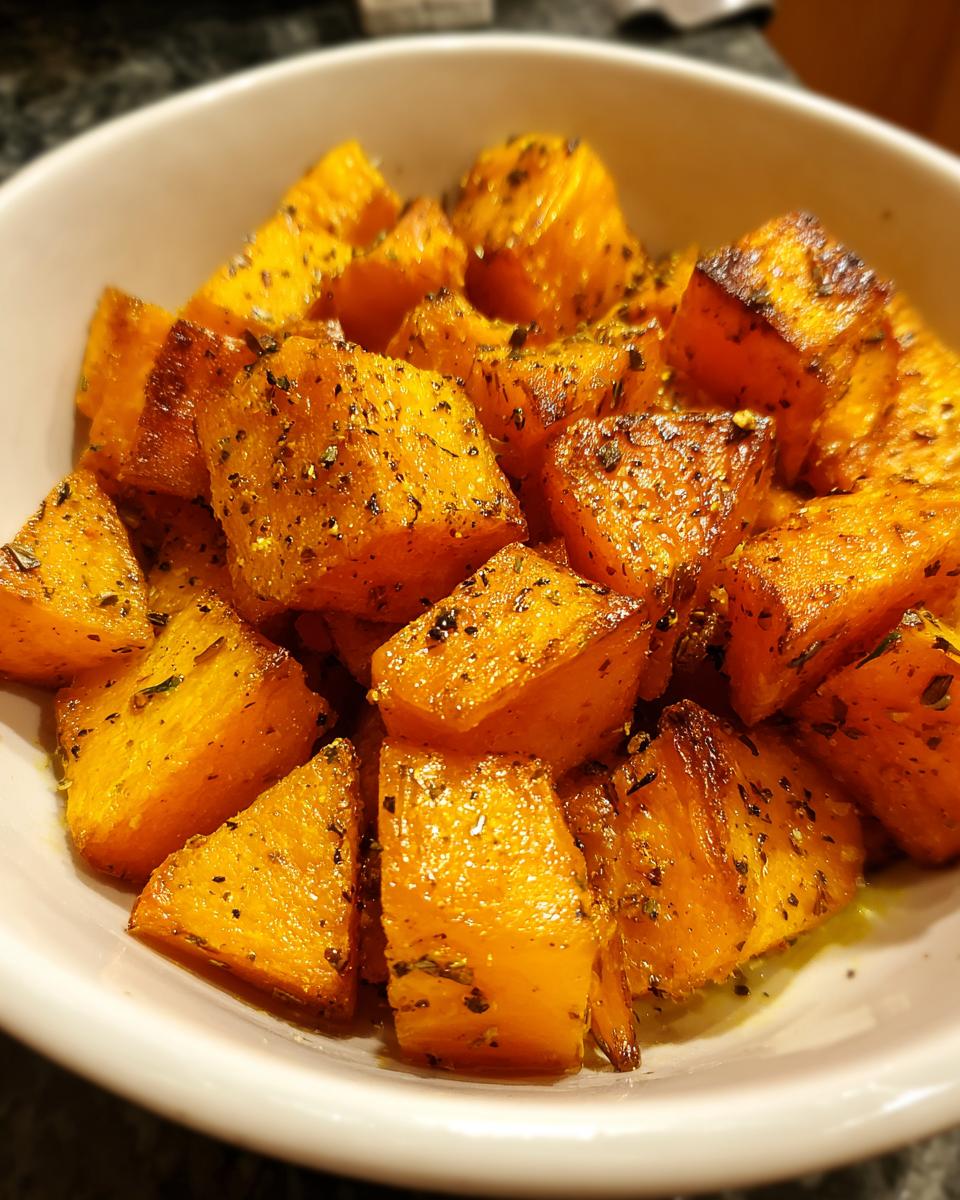 Close-up of perfectly roasted butternut squash cubes seasoned with herbs and spices in a white bowl.