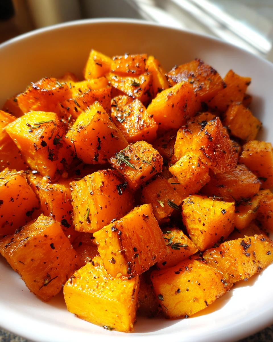Close-up of perfectly roasted butternut squash cubes seasoned with herbs and spices.