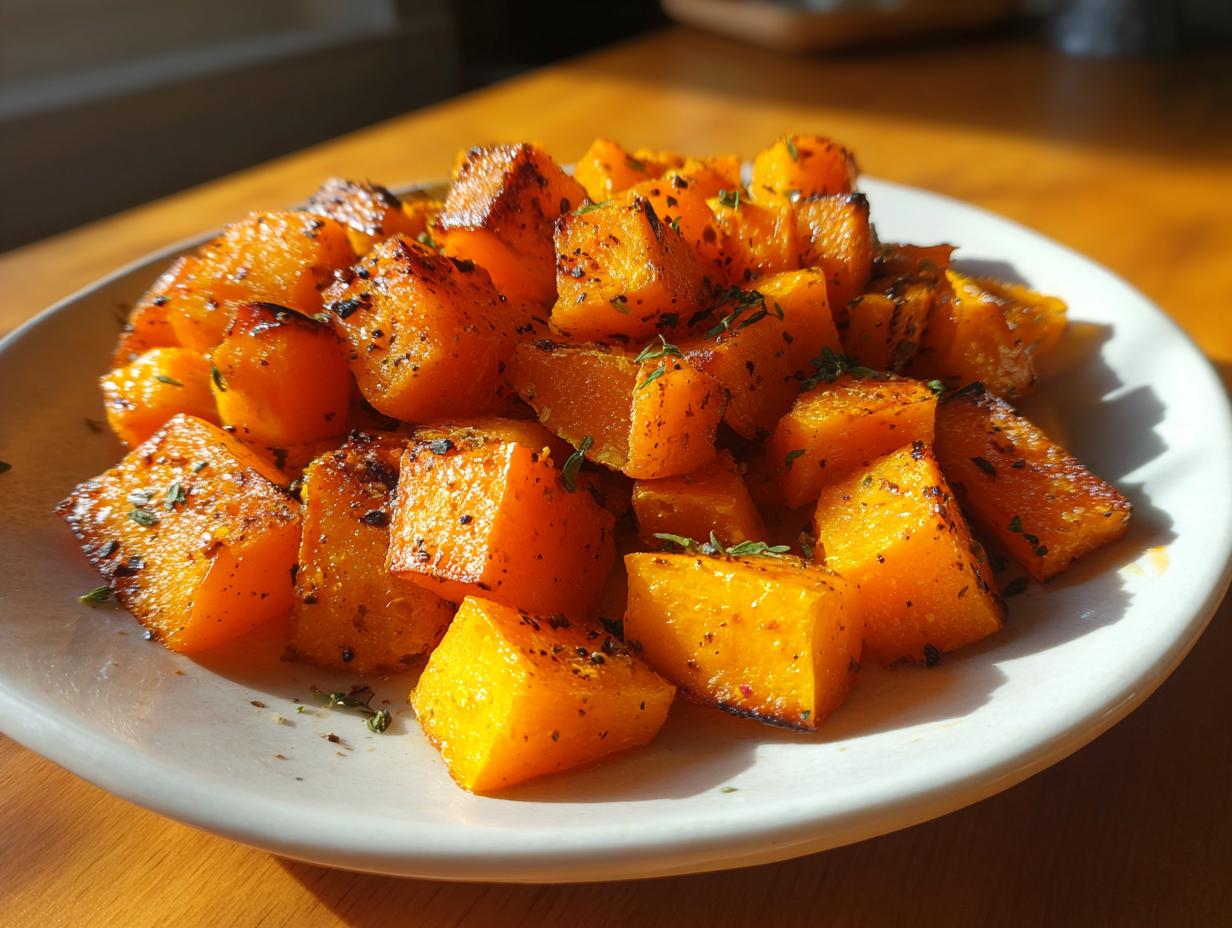 A close-up of a white plate filled with perfectly roasted butternut squash cubes, seasoned with herbs and spices.