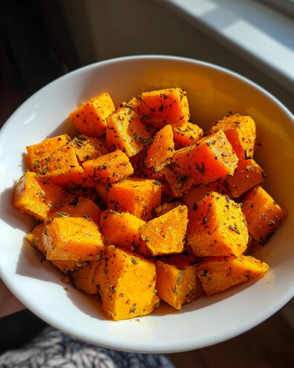 Close-up of a white bowl filled with perfectly roasted butternut squash cubes seasoned with herbs.