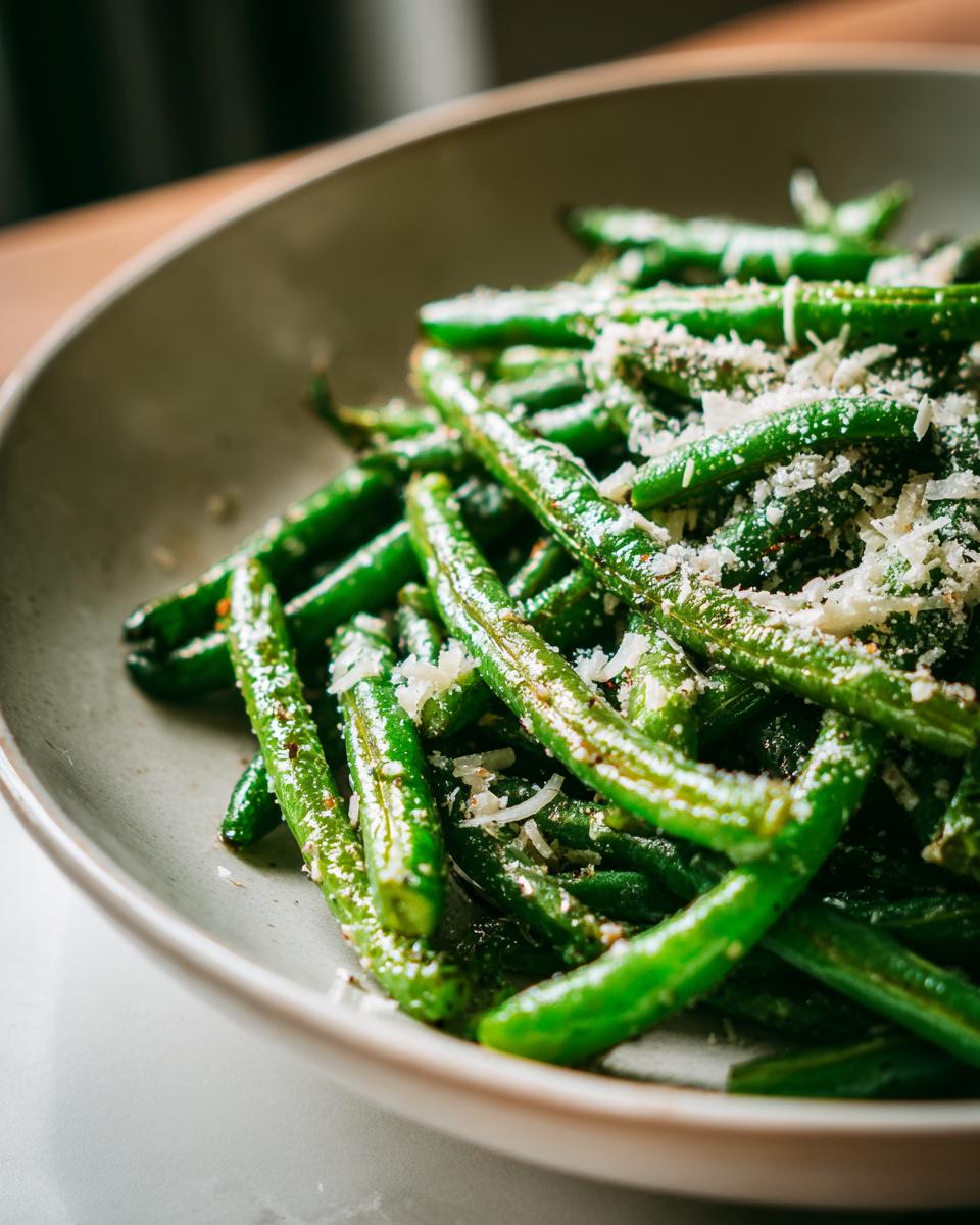 Close-up of vibrant green beans tossed with grated parmesan cheese and seasonings, ready to serve.