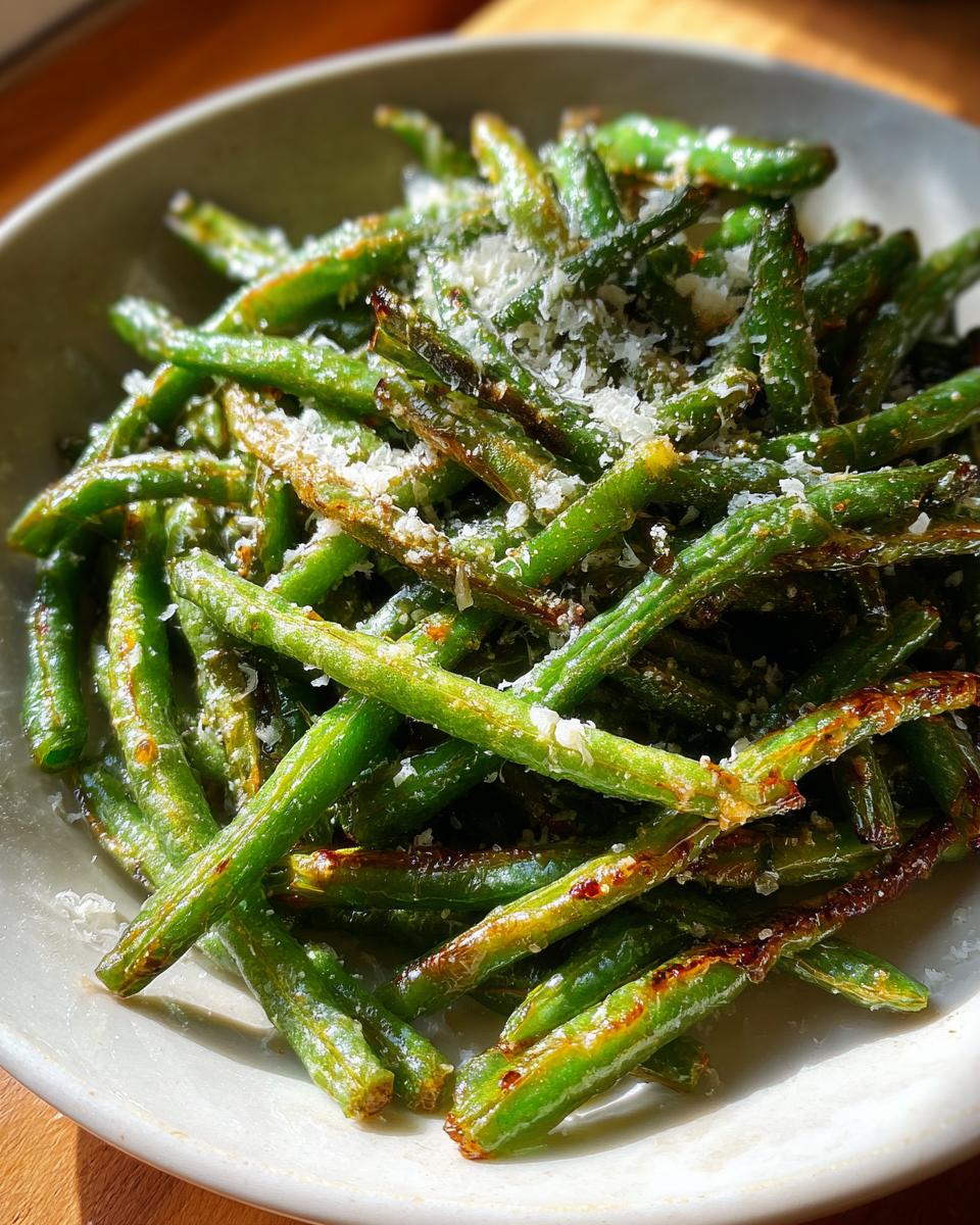 Close-up of a bowl filled with perfectly roasted parmesan green beans, lightly browned and sprinkled with cheese.