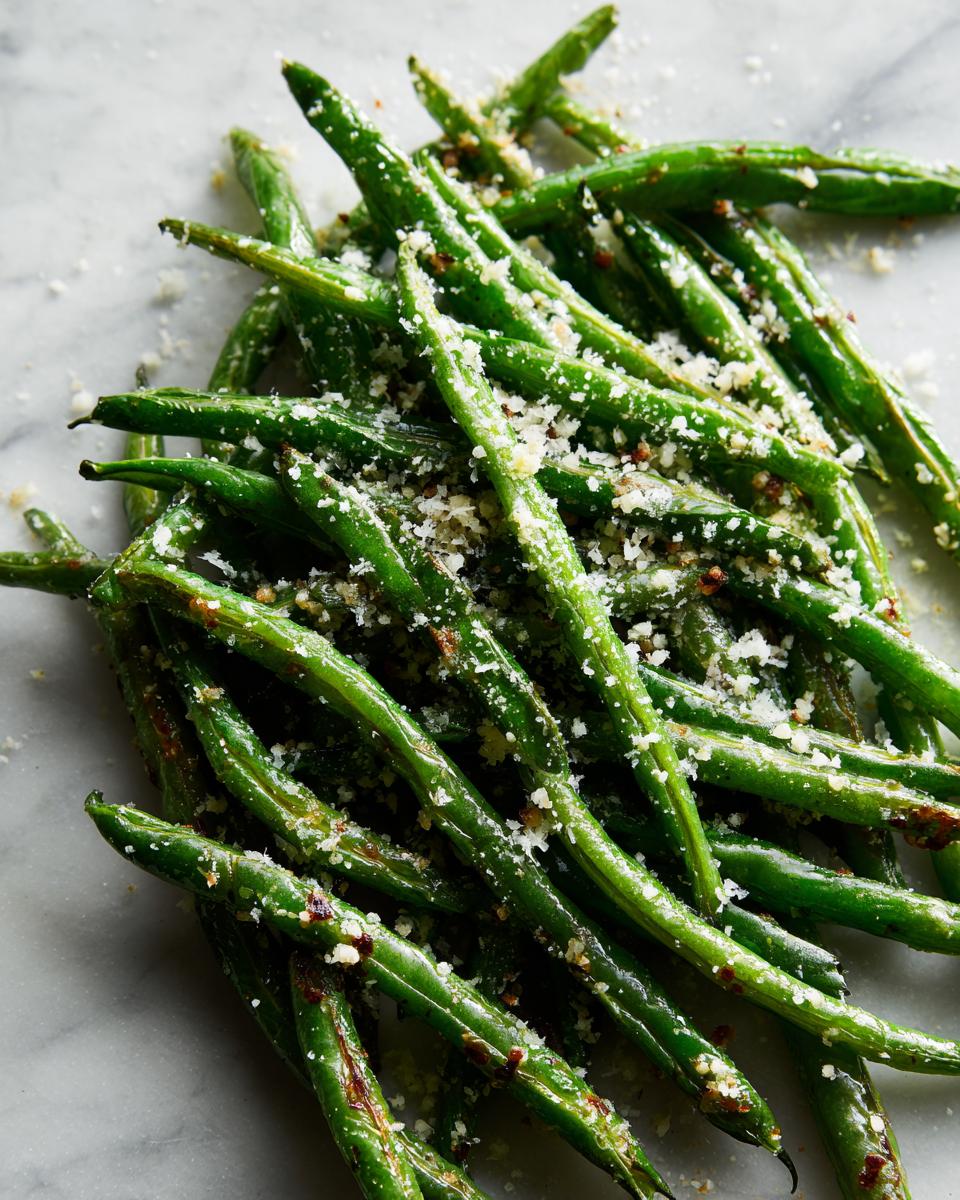 Close-up shot of vibrant green beans roasted to perfection and sprinkled with grated parmesan cheese.