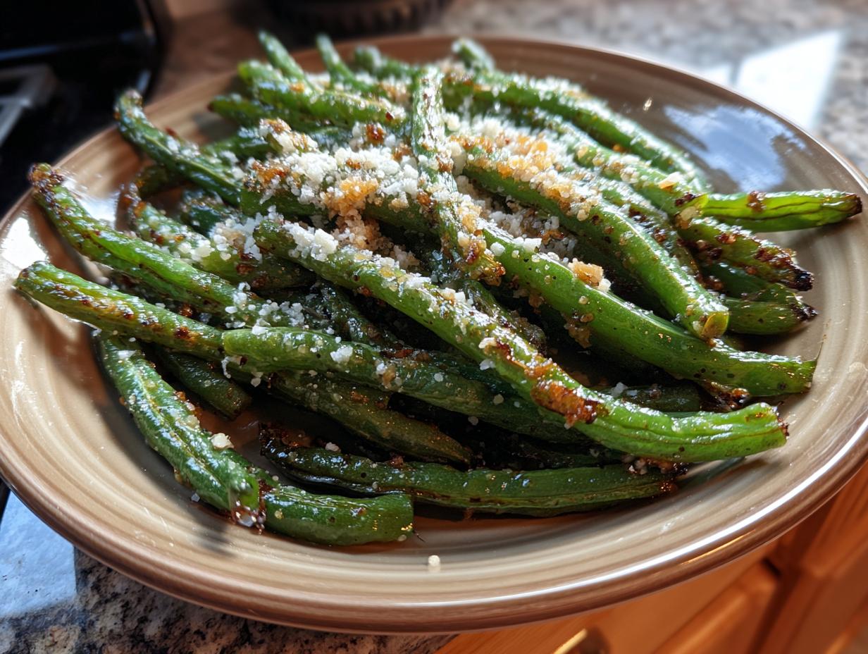 A close-up shot of a bowl filled with vibrant green beans, generously topped with grated parmesan cheese and seasoning, showcasing the delicious roasted parmesan green beans.