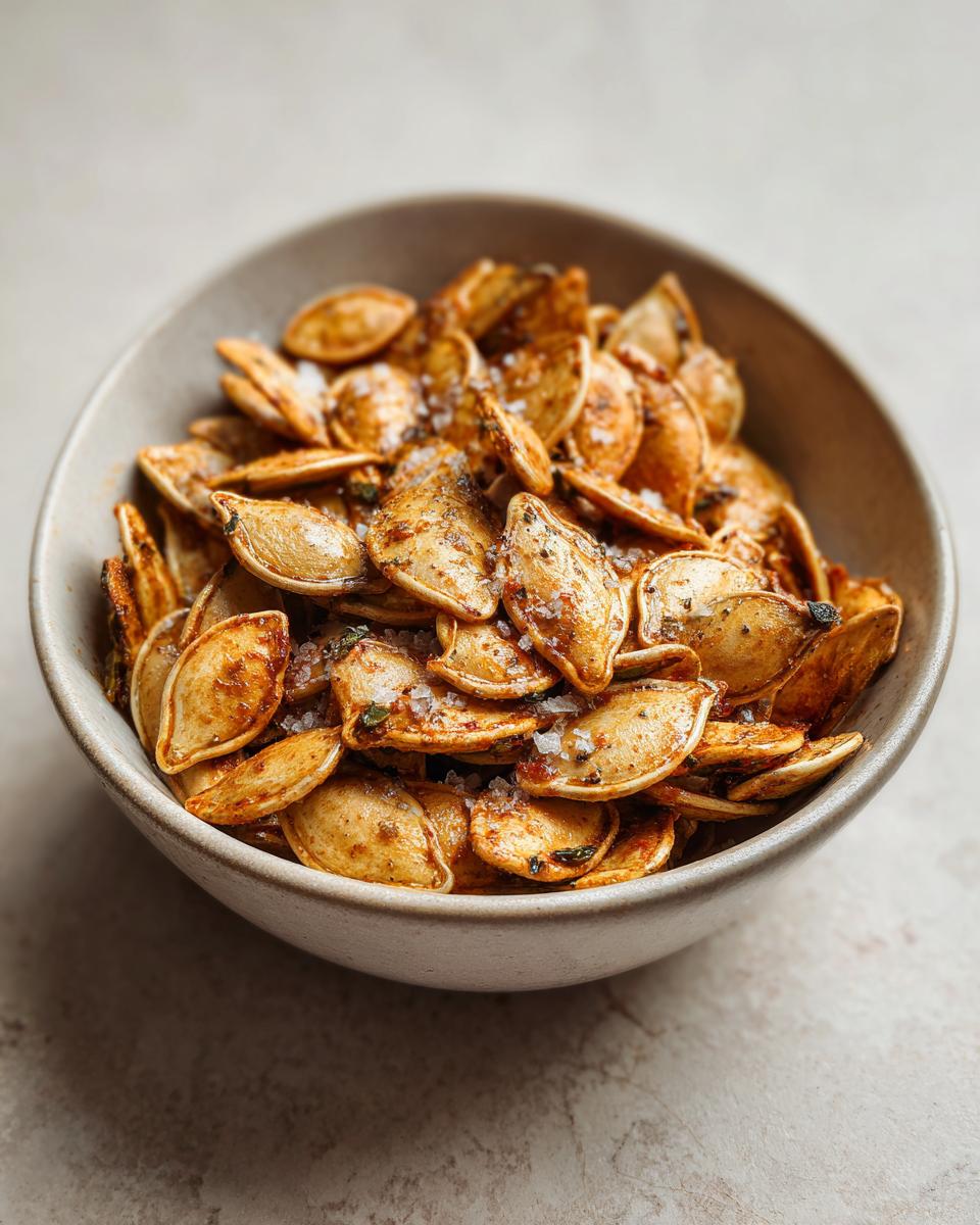 Close-up of a bowl filled with seasoned roasted pumpkin seeds, sprinkled with sea salt.