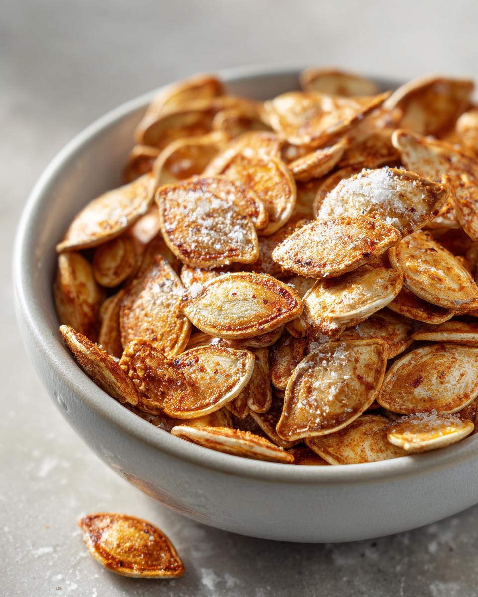 A close-up shot of a bowl filled with seasoned roasted pumpkin seeds, sprinkled with coarse salt.