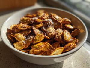 A close-up of a bowl filled with golden brown roasted pumpkin seeds, sprinkled with coarse salt.