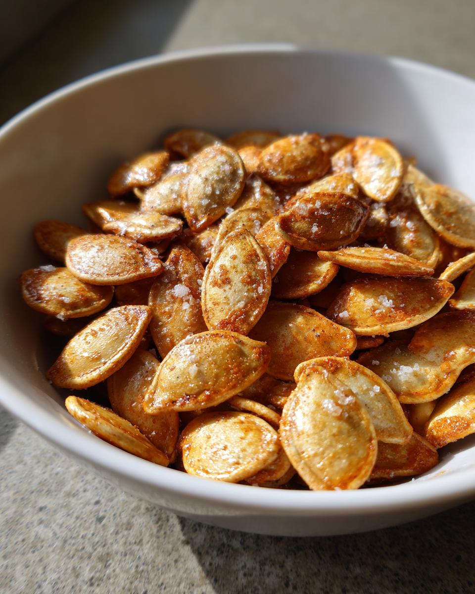 Close-up of a white bowl filled with perfectly roasted pumpkin seeds, sprinkled with coarse salt.