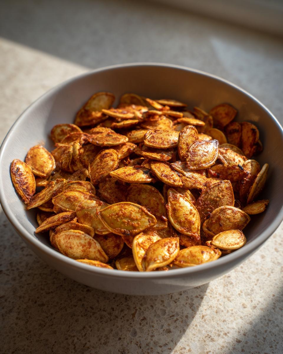 A close-up of a bowl filled with seasoned roasted pumpkin seeds, showing their golden-brown color and spicy coating.