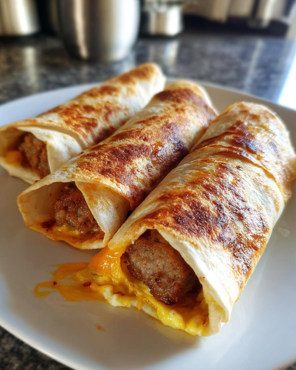 Three golden-brown sausage egg cheese roll ups served on a white plate, with melted cheese oozing out.