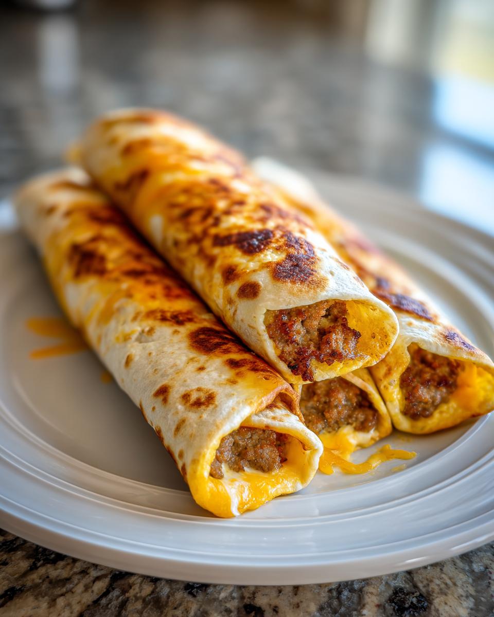 Close-up of golden brown sausage egg cheese roll ups on a white plate, with melted cheese oozing out.