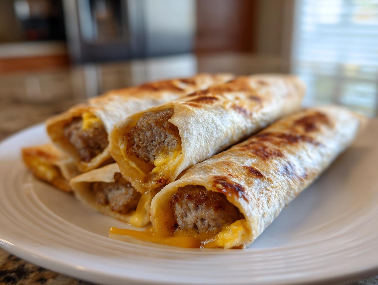 Close-up of delicious sausage egg cheese roll ups with melted cheese oozing out, served on a white plate.