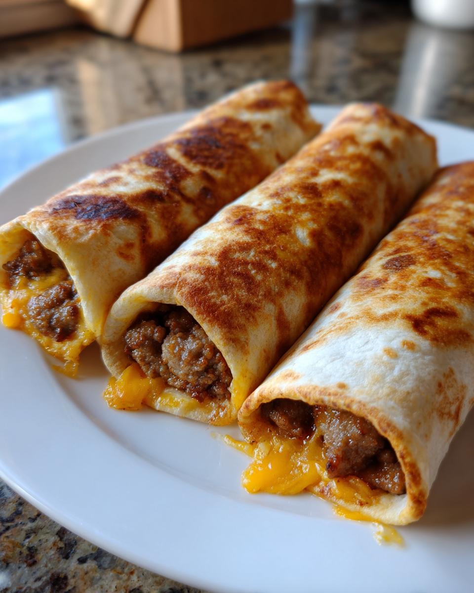 Three golden-brown sausage egg cheese roll ups served on a white plate, with melted cheese oozing out.