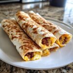 A plate of four golden-brown sausage egg cheese roll ups, with visible filling of scrambled eggs and melted cheese.