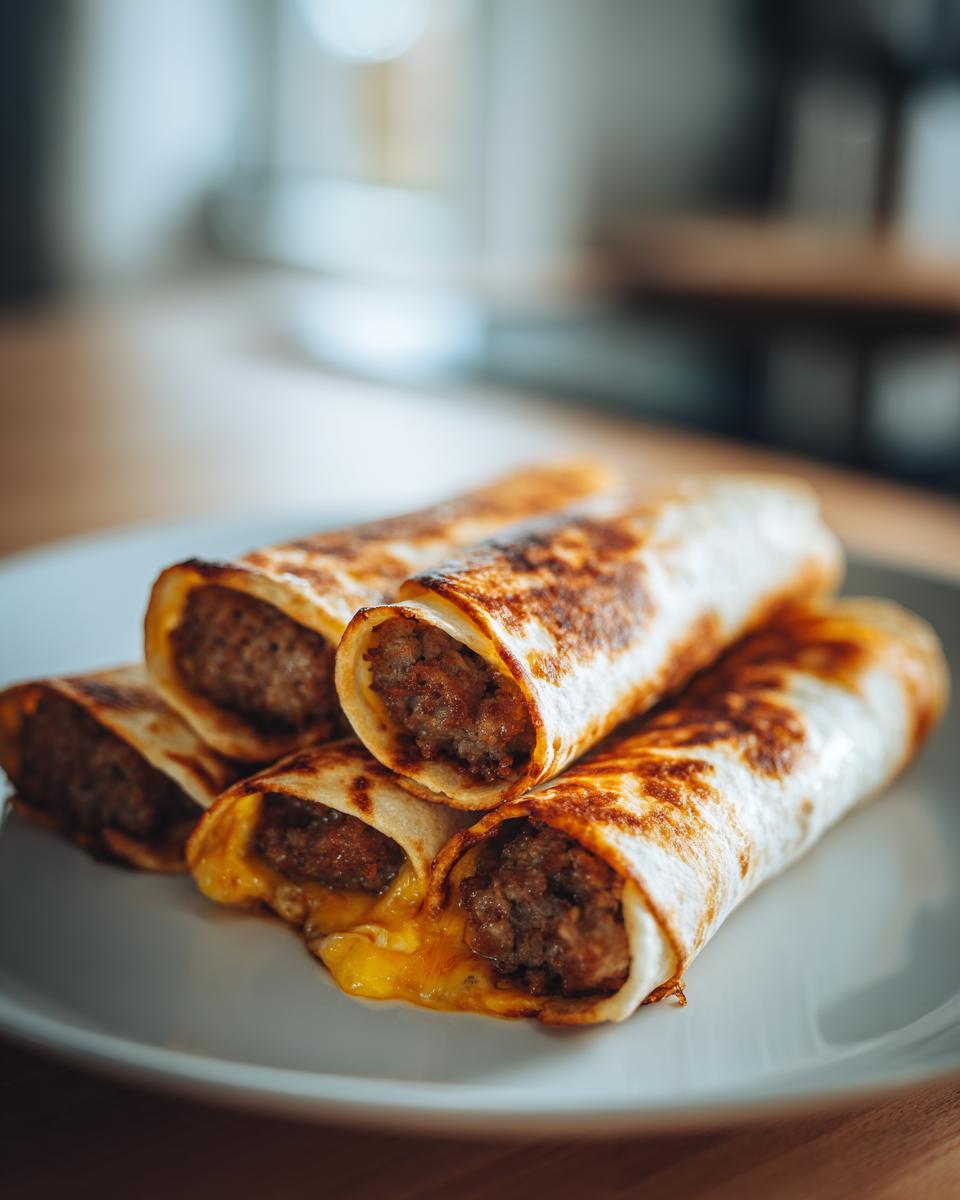 A close-up of golden-brown sausage egg cheese roll ups, with melted cheese oozing out.