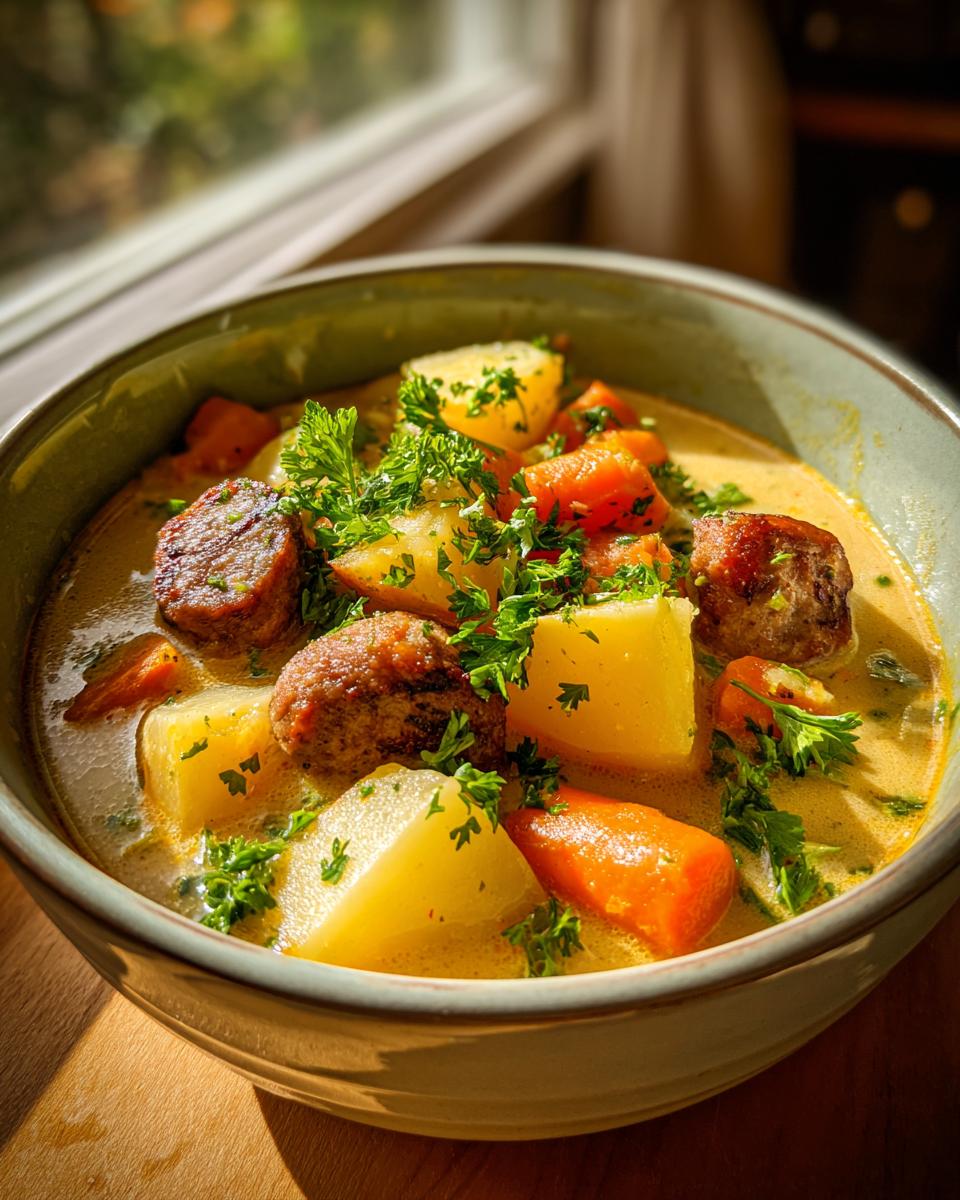 A close-up bowl of hearty sausage potato soup, featuring chunks of sausage, potatoes, carrots, and fresh parsley.