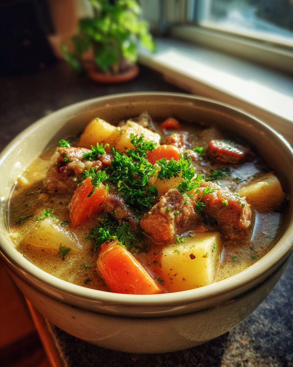 A close-up of a bowl of hearty sausage potato soup, filled with chunks of sausage, potatoes, and carrots, garnished with fresh parsley.