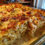 Close-up of a slice of baked seafood lasagna with shrimp and crab, topped with melted cheese and parsley.